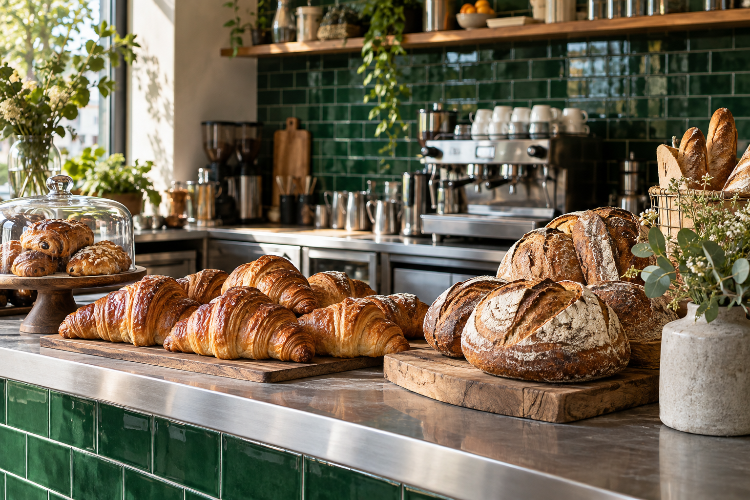 Bakery opening day: croissants and sourdough on a counter
